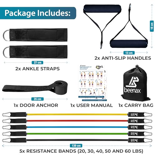 Beenax Resistance Bands Set with Handles - Heavy Duty 12pcs Exercise Bands, Up to 150/200/250 LBS - Fitness Training Tubes for Home, Gym, Physio - Large Handles, Ankle Straps, Door Anchor, Carry Bag - Image 4