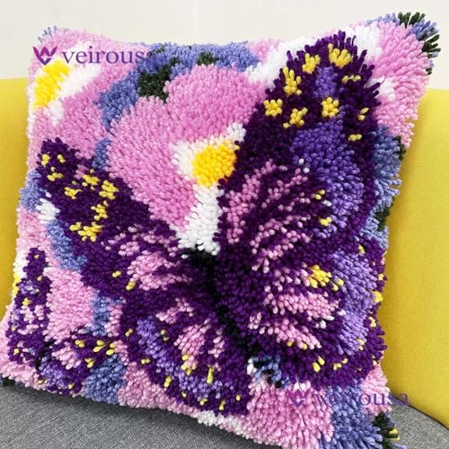 Image of veirousa Butterfly Floral Latch Hook Kits for Adults Beginners DIY Crochet Pillow Kit Pre-Printed Pillowcase Hook and Latch Rug Kits Needlework Cushion Cover for Home Sofa Decoration 17x17 in.
