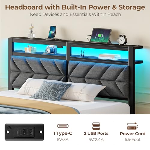 Seventable Bed Frame Full Size with Charging Station, LED Bed with Upholstered Storage Headboard, Metal Platform Bed with Under Bed Storage, No Box Spring Needed, Noise Free, Easy Assembly, Grey - Image 5