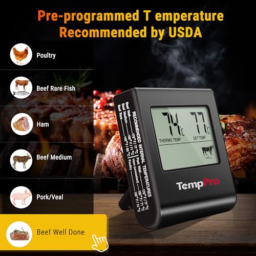 Image of TempPro TempTrack Large LCD Digital Meat Thermometer for Cooking, Smoking | Kitchen Food Probe Thermometer With Clock Timer, Stainless Steel Temperature Probe for Oven Smoker BBQ Grill Candy, Black