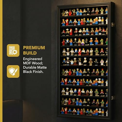 Image of DisplayGifts Building Block Toy Minifigures Miniatures Thimble Display Case Wall Cabinet Standing Plates Included, 2.25 inch Shelf Height UV Protection Door Black Finish Frame