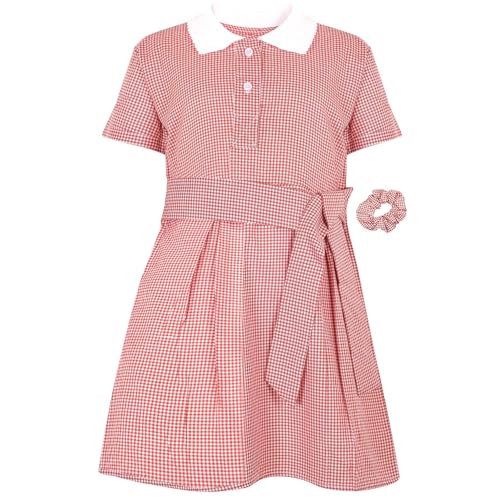 Girls Uniform School Dress Soft Comfortable Gingham Check Belted Summer Dresses Matching Scrunchies Age 3-14 Years