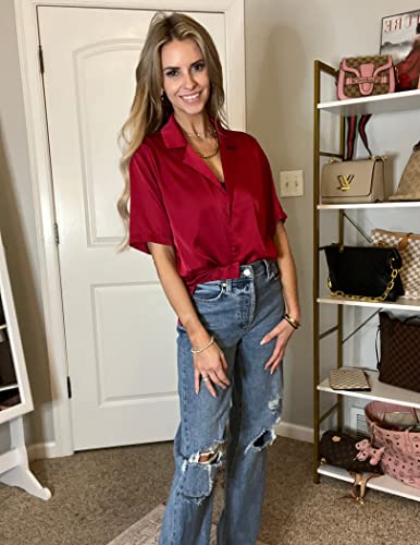 Chigant Satin Shirts For Women Button Up Short Sleeve Shirt Red Slik Blouses Business #TOP1