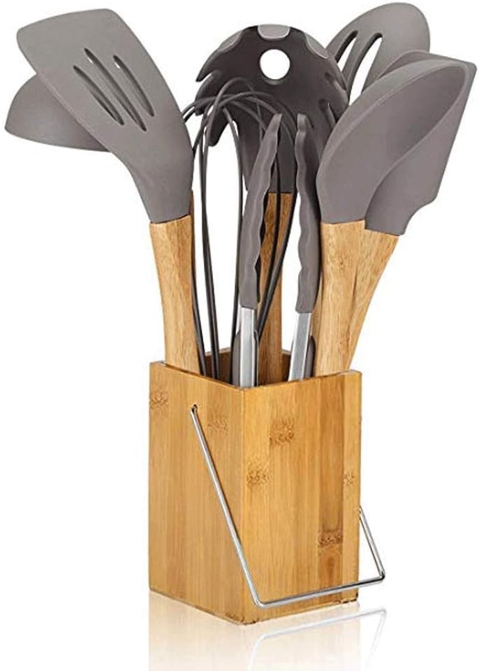 Silicone Cooking Utensils Kitchen Utensil Set - 9 Natural Acacia Wooden Silicone Kitchen Utensils Set - Silicone Utensil Set Spatula Set - Silicone Utensils Cooking Utensil Set