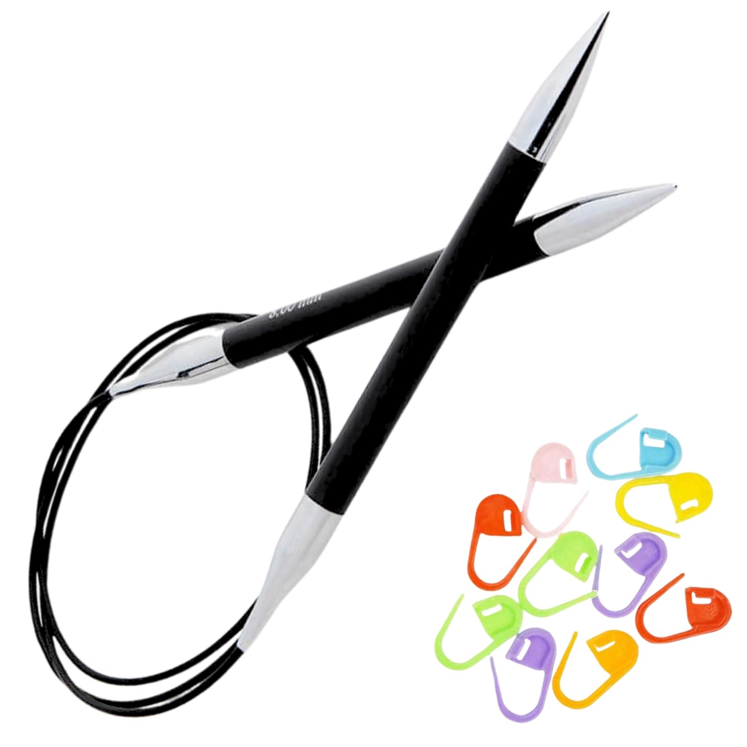 KnitPro Karbonz Circular Knitting Needles 24 inch, Size 0 (60cm, 2.00mm) with 10 Colorful Stitch Markers