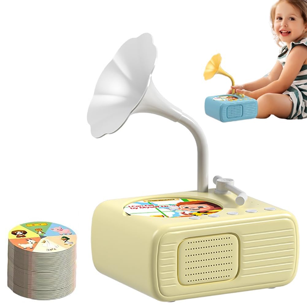 Gramofon dla dzieci, odtwarzacz muzyczny i opowieści dla maluchów, z 96 dyskami i 8 kartami do nagrywania, edukacyjny odtwarzacz audio do zabawy, czasu rodzinnego i snu, żółty