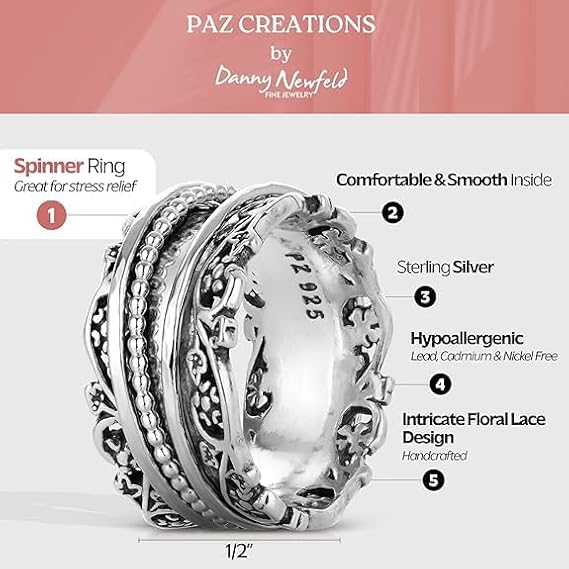 PZ Paz Creations .925 Sterling Silver Spinner Ring with Silver Spinners | For Women | Made in Israel
