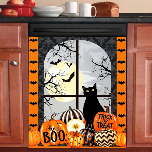 Image of Halloween Cat Dishwasher Magnet Cover Cute Pumpkin Fall Dishwasher Magnet Sticker for Kitchen Autumn Decoration 23x26 in Farmhouse Refrigerator Magnet Cover Fridge Panel Decal Pad