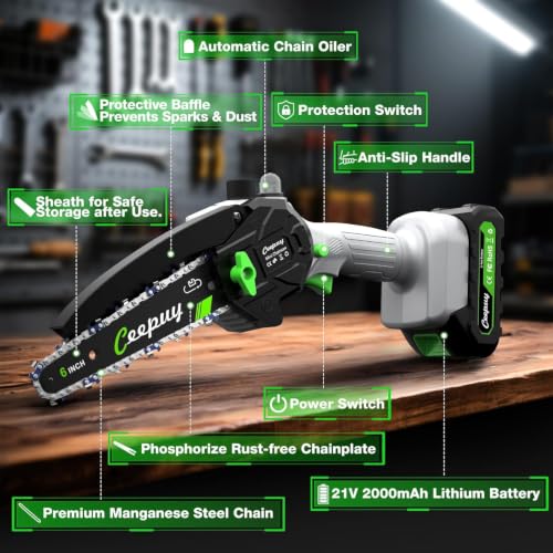 Image of CEEPUY Mini Chainsaw, 6 Inch Portable Electric Chainsaw with 2 Batterys /Automatic Oiler /Security Lock /Powered Small Handheld Saw for Trees Branches Trimming
