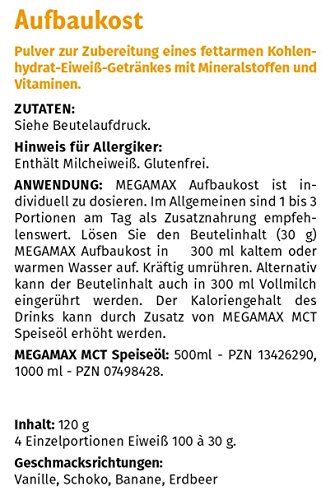 MEGAMAX Aufbaukost in 4 verschiedenen Geschmacksrichtungen. Ideal zur Kräftigung und bei Untergewicht. Pulver zur einfachen Zubereitung eines fettarmen Kohlenhydrat-Eiweiß-Getränkes.