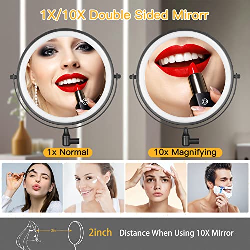 Sanawell Wall Mounted Makeup Mirror With Lights,8 Inches Double Sided 1X/10X Mirror With 3 Color Lights & Stepless Dimming,Touch Control 360°Rotation Vanity Mirror For Home Bathrom Shaving-Matte Black #TOP1