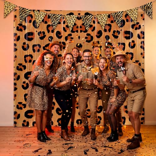 Image of WovWeave 2 Pack Cheetah Print Foil Fringe Curtains Birthday Decorations 3.3 x 6.6 ft Leopard Tinsel Backdrop for Birthday Jungle Safari Bachelorette Party Photo Booth Decorations