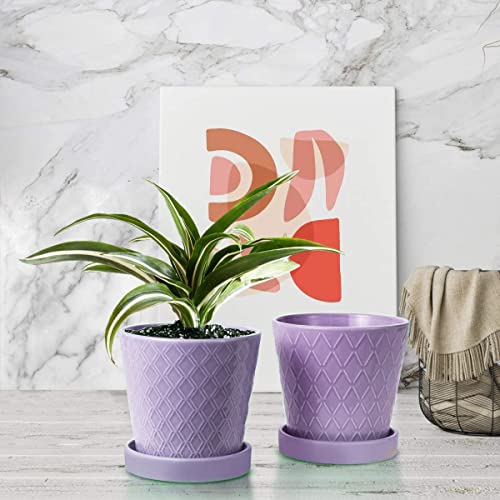 Efispss Flower Planter –5 Inch Ceramic Plant Pots With Drainage Holes And Ceramic Tray - Gardening Home Desktop Office Windowsill Decoration Gift Set Of 4 - Purple #TOP4