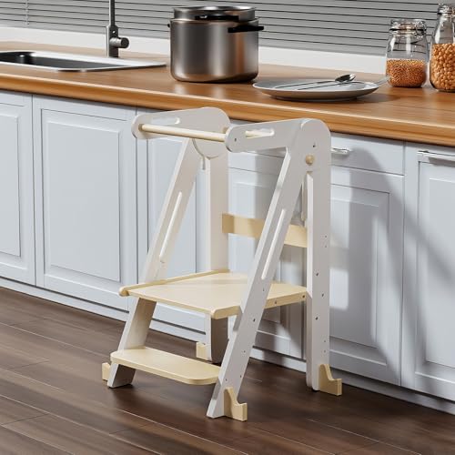 Comparison: Best Kitchen Towers For Toddlers 9 Kids Kitchen Step Stool, Foldable Toddler Tower, Height Adjustable Toddler Standing Tower with Safty Rail and Anti-Slip Device, Wooden Stool for 1.5-6 Years(White-Wood)