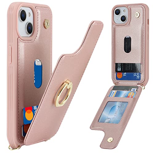 Image of for iPhone 13 Case with Card Holder for Women,Phone Case with Strap,Crossbody Lanyard,RFID Blocking,Ring Stand,Snap Clasp,Cute Wallet Cases for iPhone 13 6.1 inch(Rose Gold)