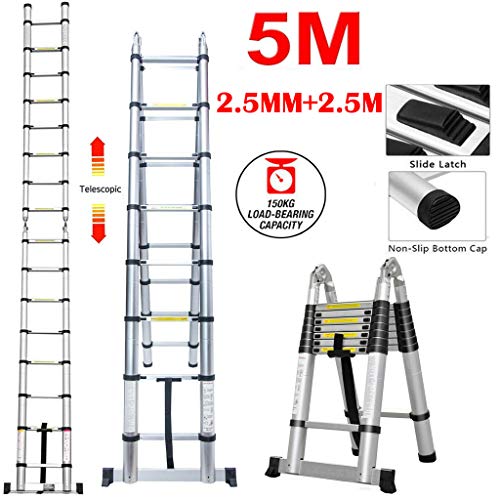Preisvergleich Produktbild Rutschfester 5M Alu Leiter Teleskopleiter Klappleiter Ausziehbare Teleskop-Design Stehleiter Mehrzweckleiter 150 kg Belastbarkeit (5M / 2.5M+2.5M)