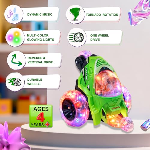 Image of Gooyo GY-0242 Rechargeable Stunt Car Toy for Kids with Tornado Rotation, Reverse Drive Function, Demo Mode, Lighting Effect & Music | Remote & USB Included | Power Source: in-Built Battery | Green