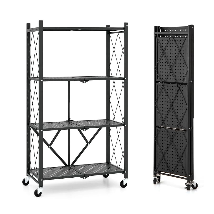 GIANTEX Étagère de Rangement Pliable à 4 Niveaux sur roulettes, Kit Anti-basculement, Etagère de Rangement en Métal Robuste, Etagère pour Exposition, Cuisine,...