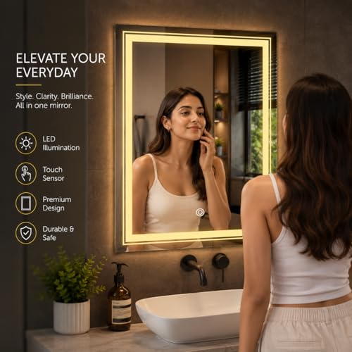 Image of LED Smart Bathroom Mirror with Touch Sensor | 3-in-1 Light Modes - Warm White | Cool White & Natural Light | Office and Home Use (Portrait 2, 18x24)