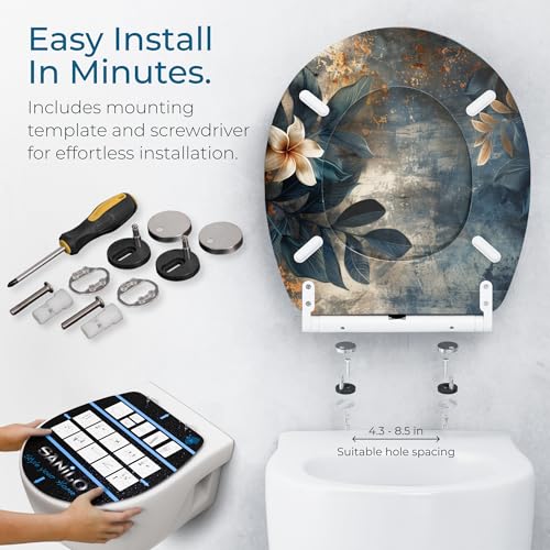 Image of Sanilo Wooden Toilet Seat with Quick Release & Soft Close [ROUND] - Decorative & Slow Close Molded Wood Seat - With One Click for Easy Installation & Cleaning - With Adjustable Fit (Lilybud)