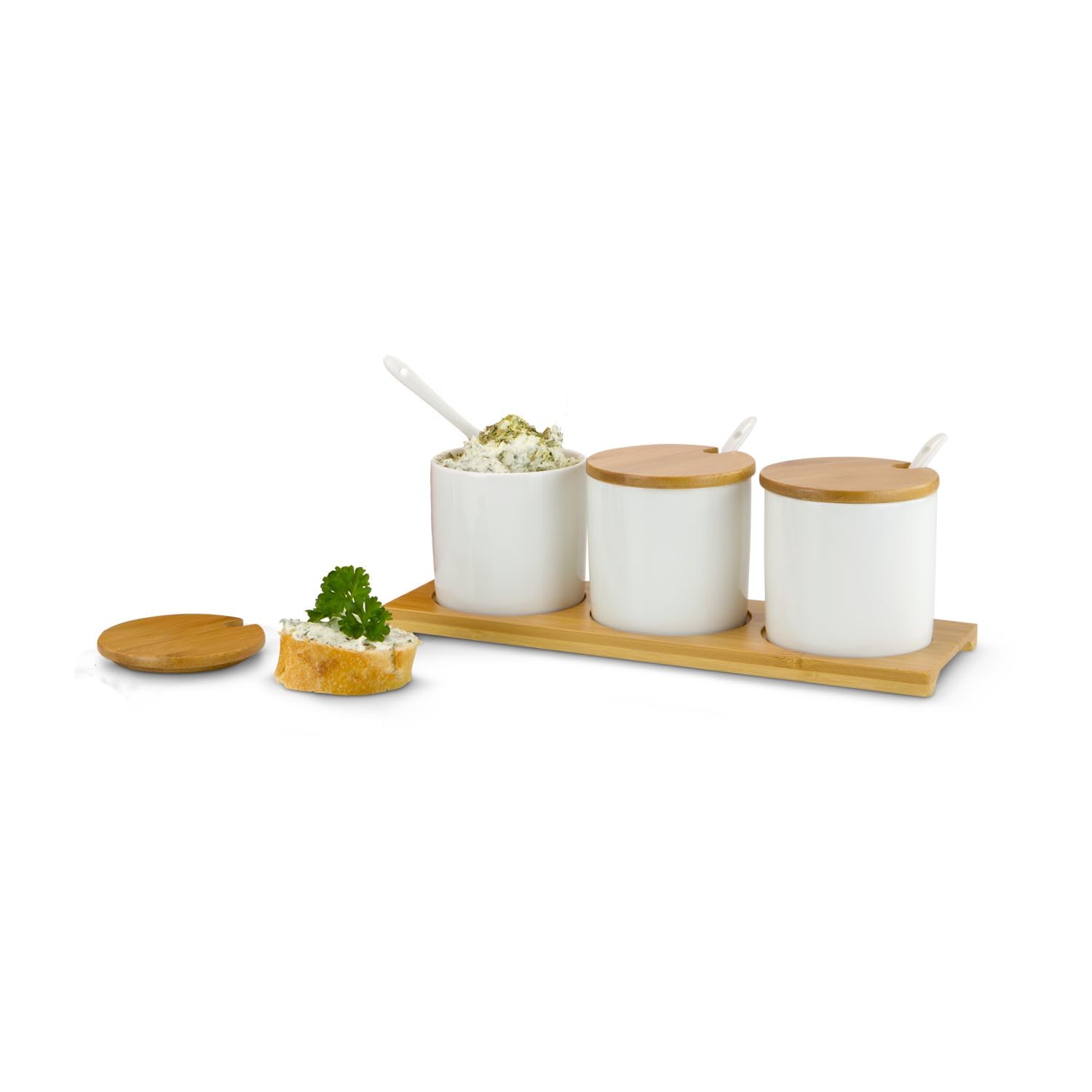 ROMINOX Geschenkartikel Dip-Set // TRE Malva – 10-teiliges Set, 3 Schalen, 3 Löffel und 3 Deckel, auf Servierbrettchen, für Dips, Saucen oder Marmeladen; Maße: ca. 28.5 x 9.5 x 9.2 cm