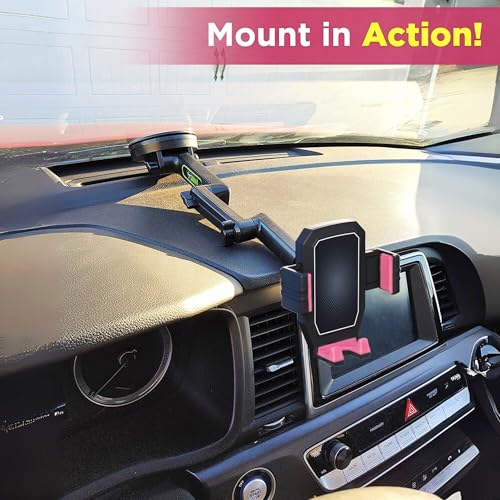 Image of Cell Phone Mount for Truck Phone Holder for Truck Drivers - Heavy Duty Suction Cup + Dashboard Pad, iPhone Holder for Dashboard Window 16.9 inch Long, for iPhone & Samsung, Semi Trucker Women, Pink