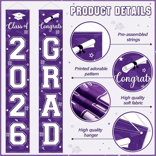 Image of Graduation Party Decorations Class of 2026, Graduation Decorations with Congrats Grad Banner Fringe Foil Curtain Paper Flower Ball Balloons for High School College Graduation Party Supplies, Purple
