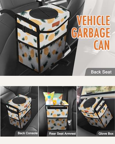 Image of Pritent Car Trash Can with Lid, Cute Leakproof Car Trash Garbage Bag Hanging Vehicle Trash Bin Small Portable Automotive Garbage Cans Organizer for Back /Front Seat(Trapezoid,Pineapple Print