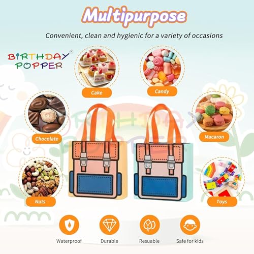 Image of Birthday Popper Goody Bags (Schoolbag Pattern) as Birthday Return Gifts for Kids - Set of 20 - Size: 22 x 22 cm -with Handles - Candy Treat Gift Bags