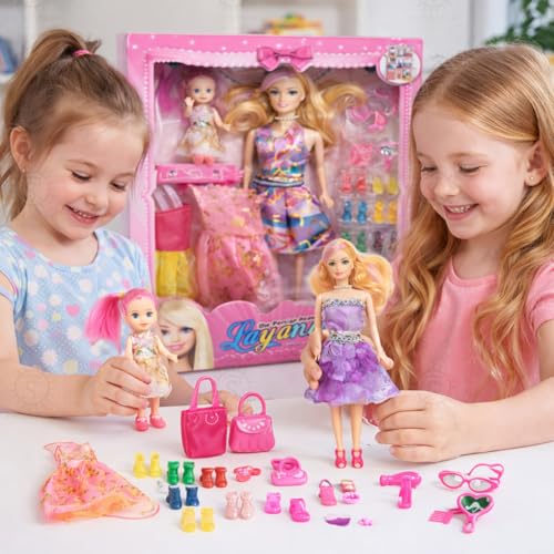Image of SHAKTISM Doll Set for Girls with Makeup, Dress, Accessories, Wardrobe Closet, Hangers, Necklace, Multicolor, 3 Years and Up (Layana Doll with Babby)