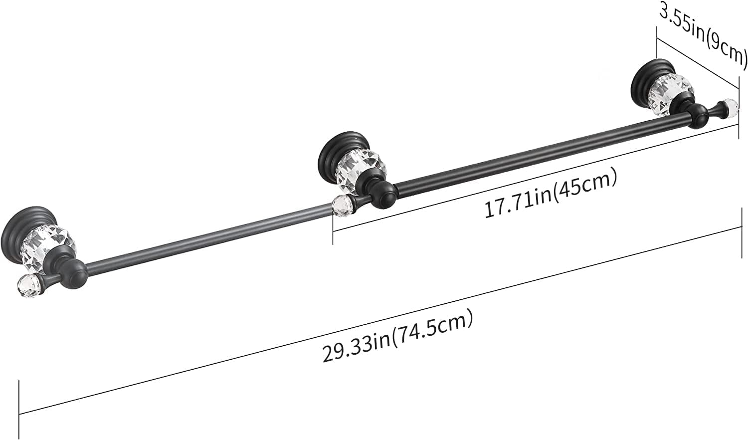 WINCASE Crystal Towel Bar, Black Adjustable Towel Rack, Single Hand Towel Holder Bathroom Shower Towel Rail Rod Modern Luxury Wall Mount Matte Black