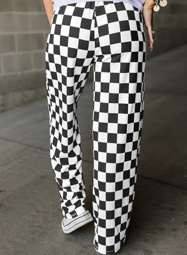 Acelitt Womens Casual Checkered Pants Elastic Waist Comfy Loose Wide Leg Pants with Pockets2