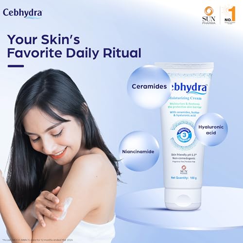 Image of Sun Pharma Cebhydra Cream, Ceramides, Cholesterol & Fatty Acids, Deep Hydration for Sensitive, Dry & Damaged Skin, Dermatologist-Tested, Paraben-Free, NonComedogenic, 12-Hour Moisturization
