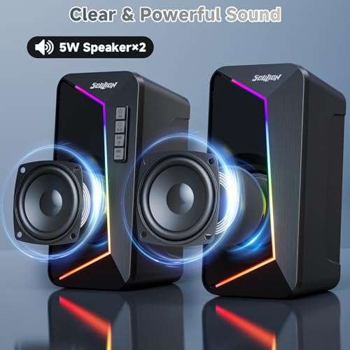 SOULION PC Speakers, USB C/USB Powered Computer Speakers with Volume Control Button, Colourful LED Light, Stereo 2.0, Desktop Speaker with USB/Bluetooth mode for Smartphones, Laptop, Monitor - Image 3