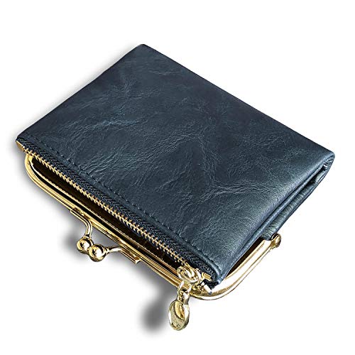 Image of AOXONEL Womens Wallet Small Rfid Ladies Compact Bifold Leather Vintage Coin Purse With Zipper and Kiss Lock, Blue, Small, Rfid Wallet