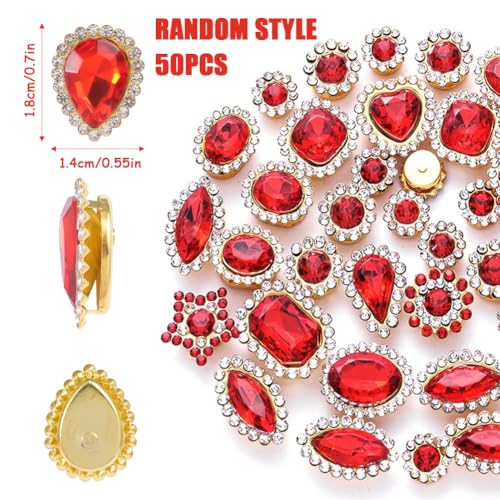 Ksheria Colorful Crystal Sew on Rhinestones 50pcs Mixed Shapes Crystal Glass with Metal Base Craft Jewels and Gems for Clothes Hats Jewelry Making DIY Accessories Decoration (red)