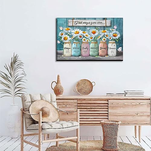 Framed Floral Canvas Wall Art God Says You are Bible Verses Daisy Flower Poster Wall Decor lnspirational Quotes Pictures Rustic Paintings Prints Artwork for Living Room Office 12x16inch (30x40cm)) by FEOWE - Used condition - Image 7