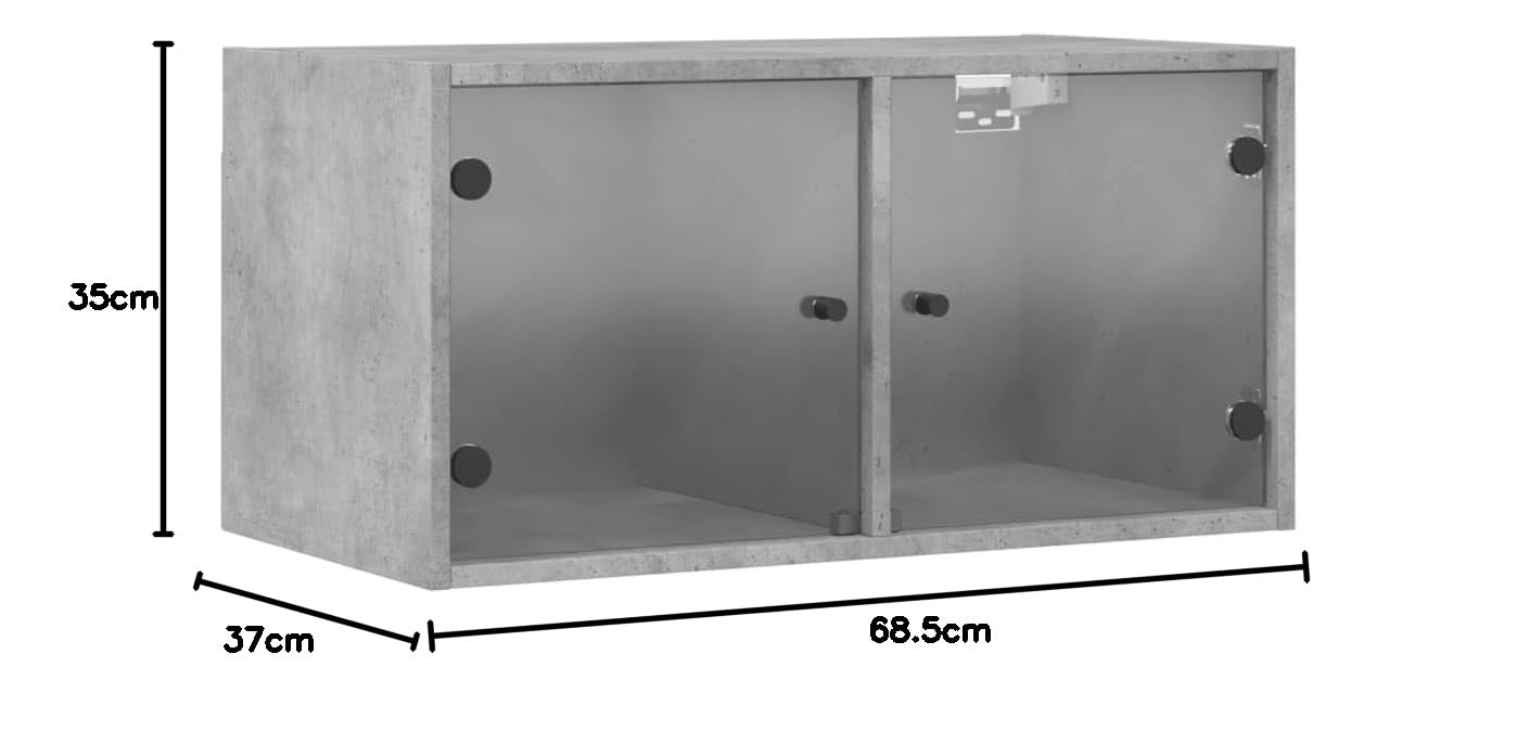 2er Set Wandschränke Betongrau 68,5x37x35 cm mit Glastüren, Modernes Design, Robuste Holzwerkstoff Konstruktion, Platzsparende Aufbewahrung für Büro, Küche, Wohnzimmer, Flur