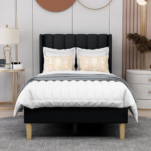 Image of AGARTT Upholstered Platform Bed Frame Twin Size, Black Linen