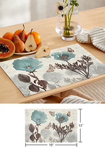 Vintage Teal Tulip Placemats Set Of 6 With 90 Inches Long Table Runners,Cotton Linen Elegant Floral Dining Table Runner Mats,Farmhouse Flowers Rustic Brown Burlap Kitchen Tablerunner And Placemat Set #TOP5