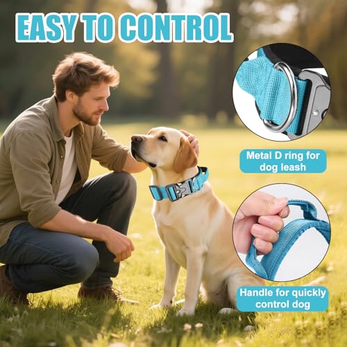 AKOFIC Taktisches Hundehalsband mit Griff, Breites Halsband Hund Gepolstert aus Nylon, Verstellbar Robuster Dog Collar mit Metallschnalle für Mittlere Große Hunde (Blau, L)