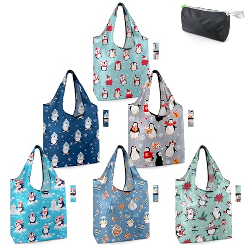 BeeGreen Christmas Reusable Grocery Bags with Zipper Storage Pouch 6 Pack Peguins Reusable Shopping Bags Bulk with Elastic Band Foldable-Machine Washable Turtle Gifts Tote Bags