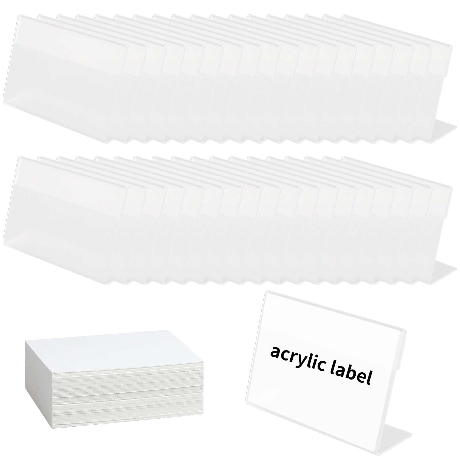 KOHAND 60 Pcs Mini Acrylic Sign Holder, 3.5 x 2.5 Inch Small Sign Display Holder with Blank Labels, Clear Slant Back L Shaped Name Card Price Tag