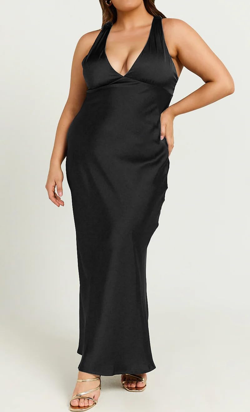 Summer Satin V Neck Backless Maxi Dresses for Women 2026 Silk Sleeveless Formal Bridesmaid Wedding Guest Dress - Image 5