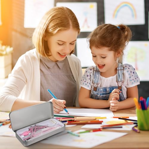 Geometrie Set Zirkel Set Mathematik Set 8-Teilig Geometrieset mit Zirkel Druckbleistift Inkl Ersatzminen Radierer Winkelmesser Geodreieck Lineal und Metallbox für Klassenbedarf und Schule Rosa