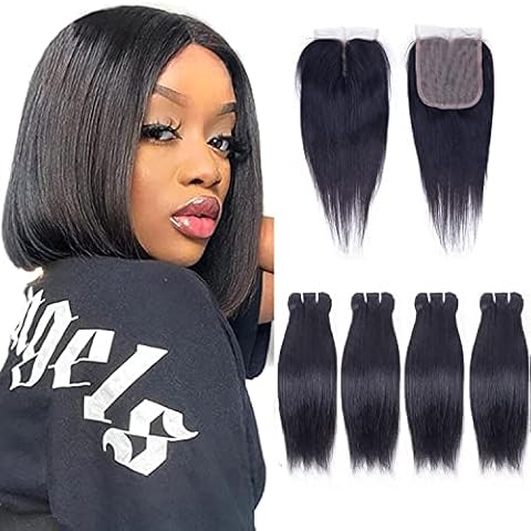 Brazilian Straight Bundles with Closure Human Hair Bundles with T Part Closure (8 8 8 8+8) 50g/Bundle 10A Unprocessed Human Hair Extensions Weave Weft 3 Bundles with Lace Closure 4x4x1 Middle Part Cover
