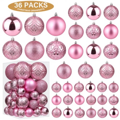 SZVRL Christmas Balls Ornaments -36pcs Shatterproof Christmas Tree Decorations with Hanging Loops for Xmas Tree, Holiday Party, Wedding & Indoor Home Decor,6 Styles in 3 Sizes (Pink) - image 2
