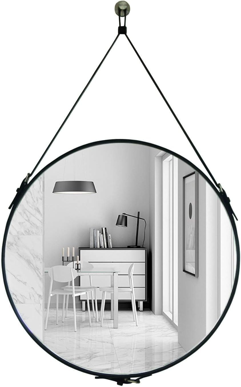 HofferRuffer Round Wall Mirror Decorative Mirror, Hanging Mirror with Hanging Strap Silver Hardware Hooker/Hanger (Black, 20'')