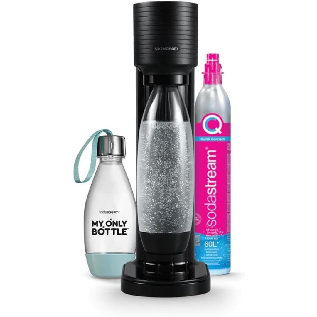 Sodastream GAIA Machine à Eau Pétillante et Soda | Pack 1 Bouteille 1L + 1 Bouteille 0,5L Compatibles Lave-Vaisselle + 1 Recharge de Gaz 60L à Clipser | Noire