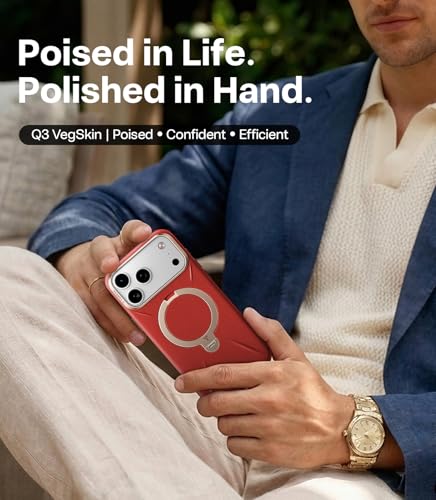 Image of TORRAS Q3 VegSkin for iPhone 17 Pro Max Case Leather, 360 Spin Magnetic Stand, Fit for MagSafe, Camera Control, Shockproof Premium Organic Silicone Leather Case for iPhone 17 Pro Max, Crimson Red